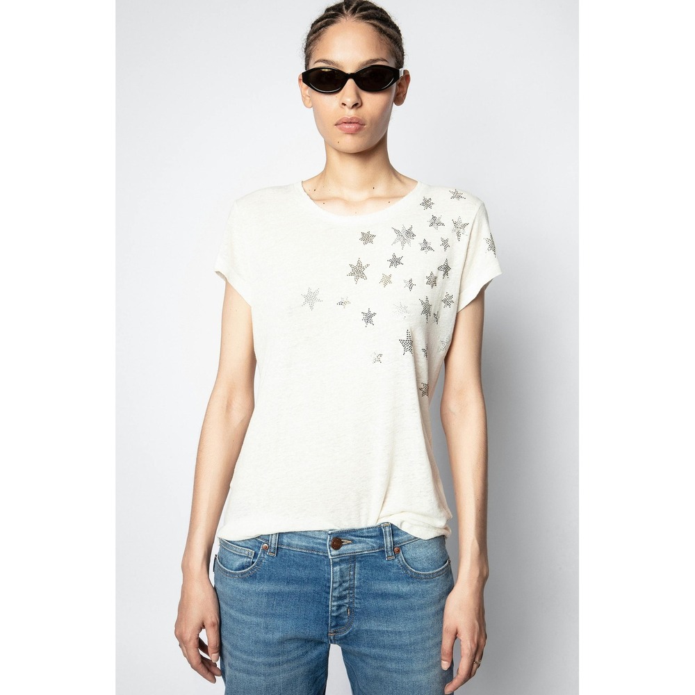 Zadig & Voltaire Skinny Stars Strass White T-Shirt Rhinestone M SJTO1804FEP